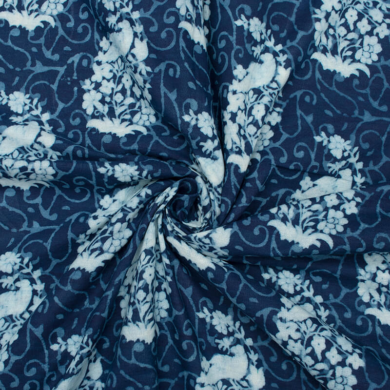 Indigo Floral Pattern Natural Dye Printed Organic Cotton Fabric - Fabcurate