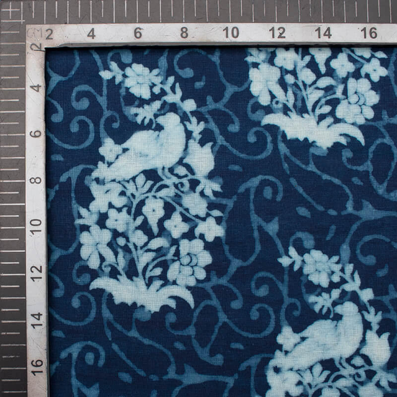 Indigo Floral Pattern Natural Dye Printed Organic Cotton Fabric - Fabcurate