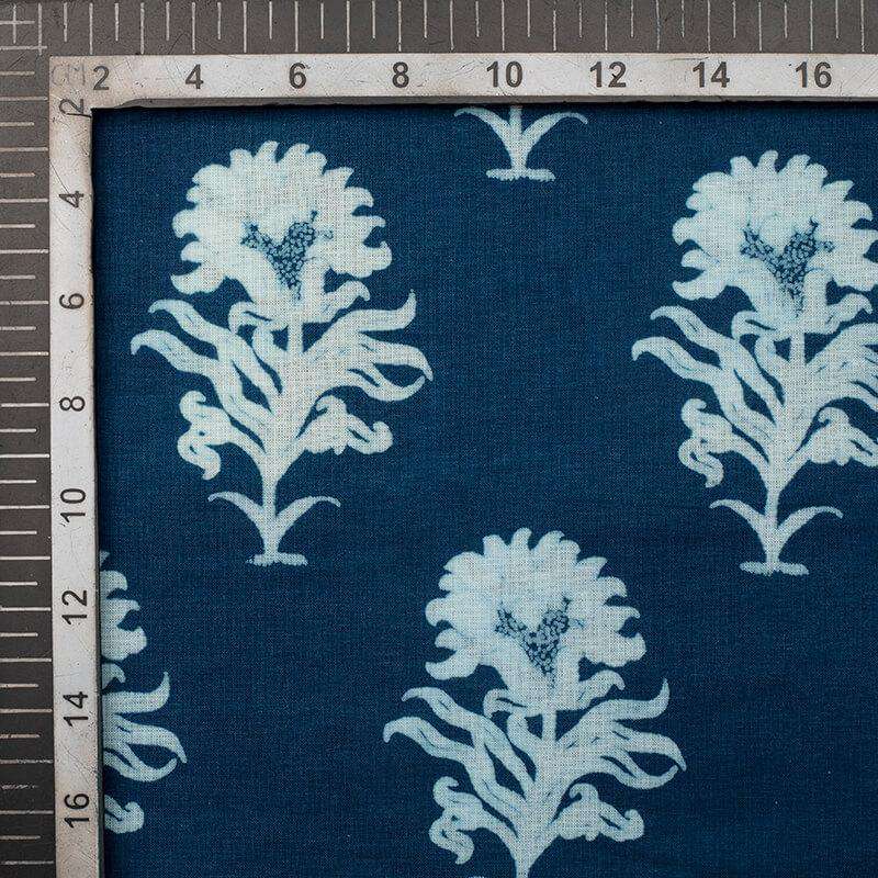 Indigo Floral Pattern Natural Dye Printed Organic Cotton Fabric - Fabcurate