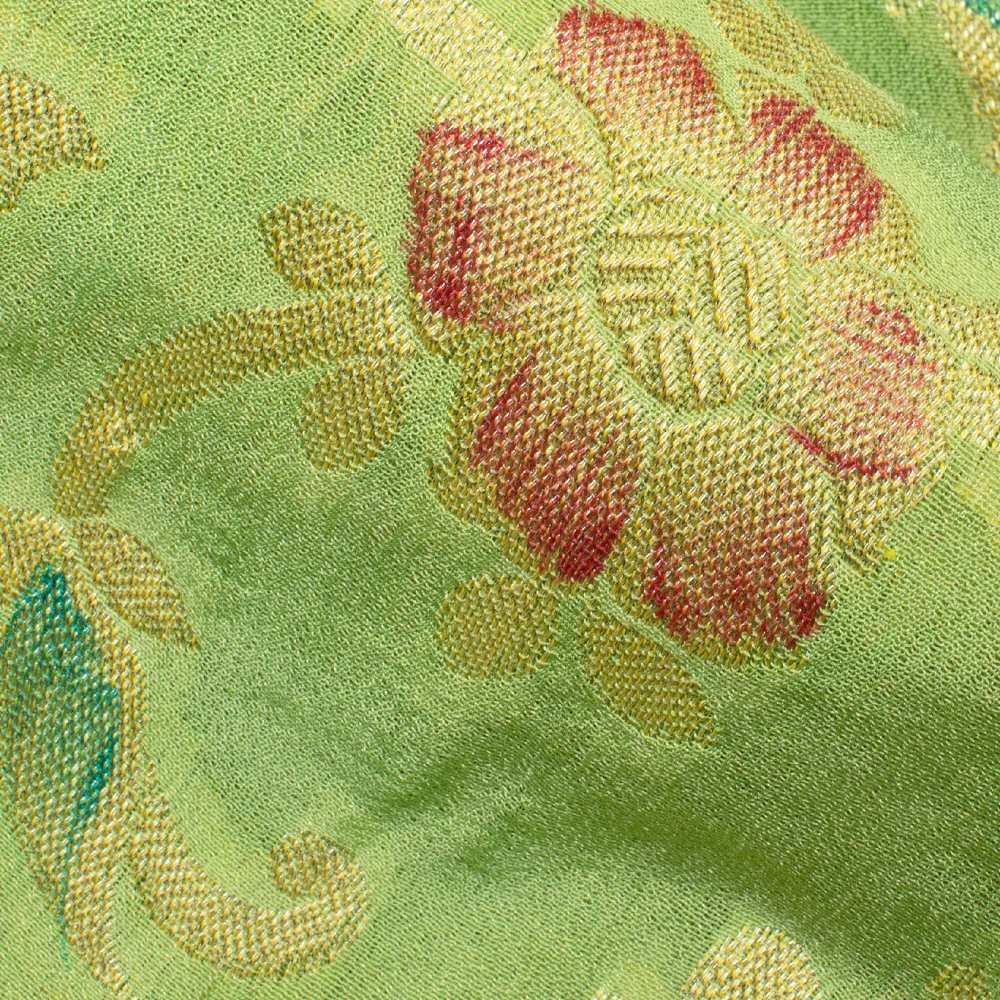 Pistachio Green And Red Floral Pattern Zari Jacquard Banarasi Chiffon Satin Fabric