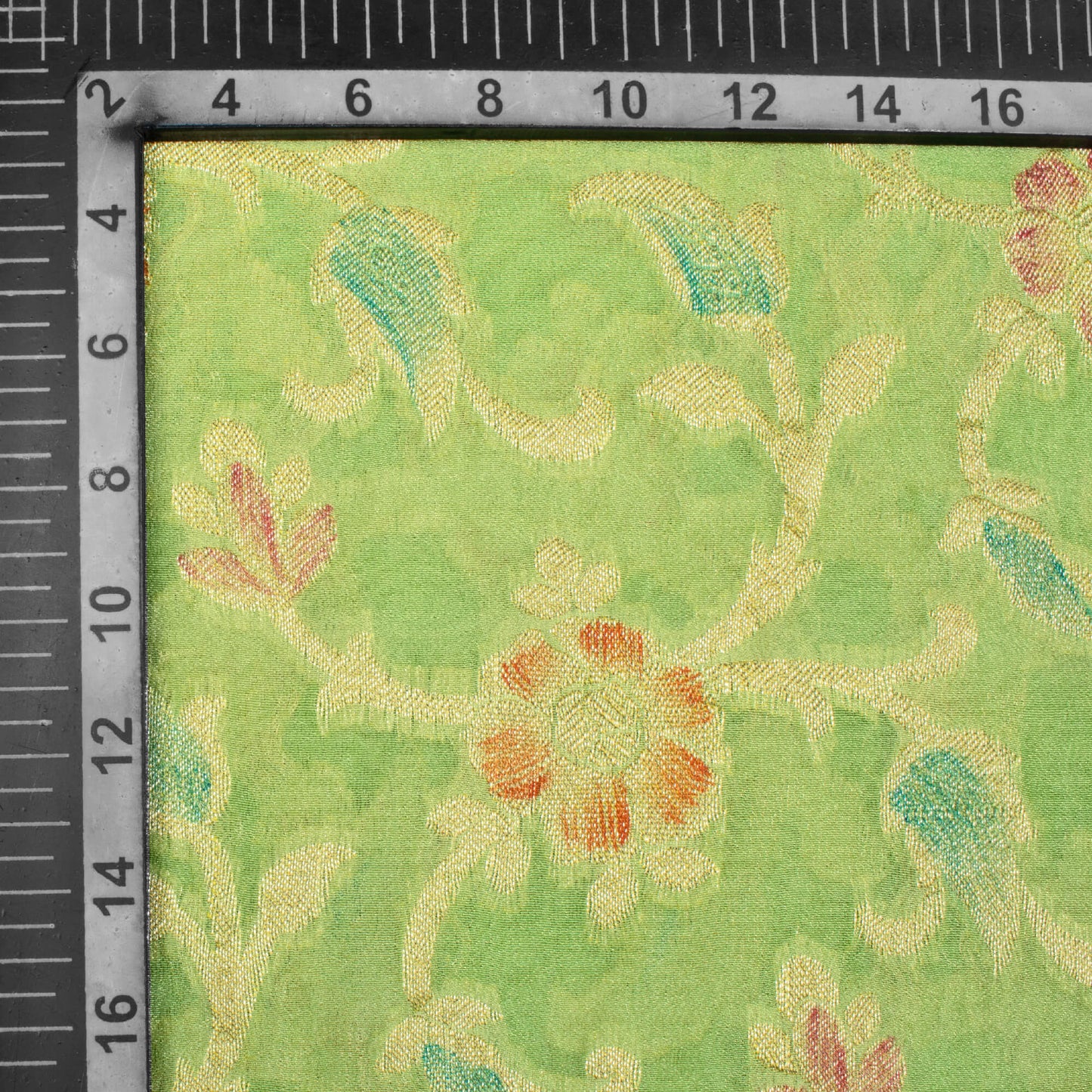 Pistachio Green And Red Floral Pattern Zari Jacquard Banarasi Chiffon Satin Fabric