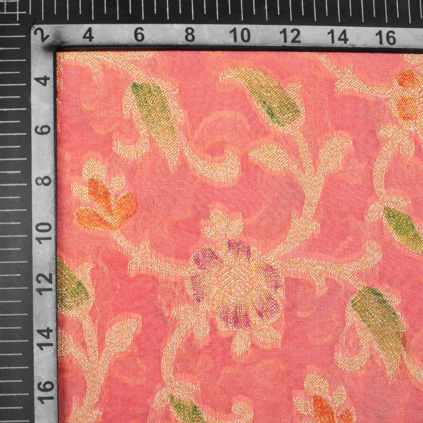 Watermelon Pink And Green Floral Pattern Zari Jacquard Banarasi Chiffon Satin Fabric - Fabcurate