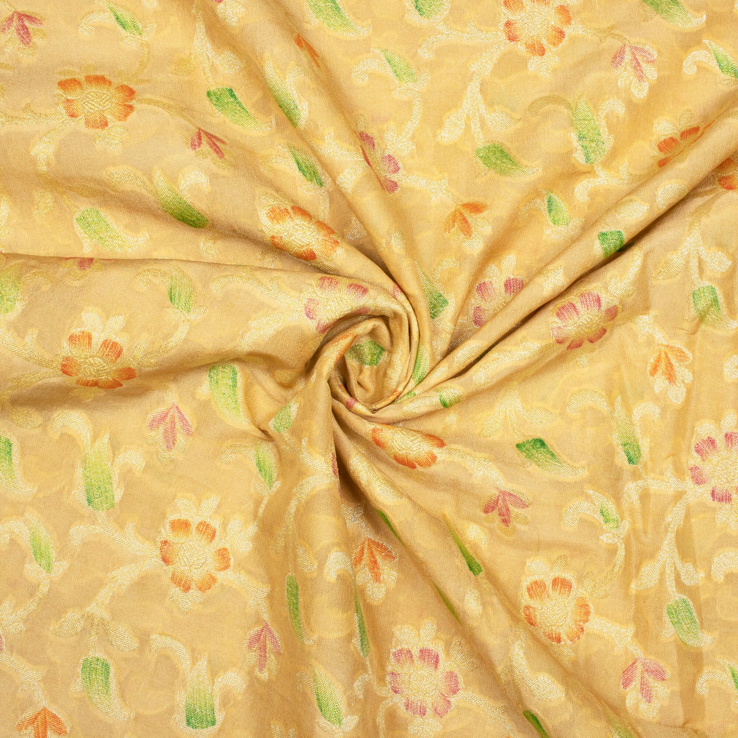 Wheat Beige And Red Floral Pattern Zari Jacquard Banarasi Chiffon Satin Fabric - Fabcurate