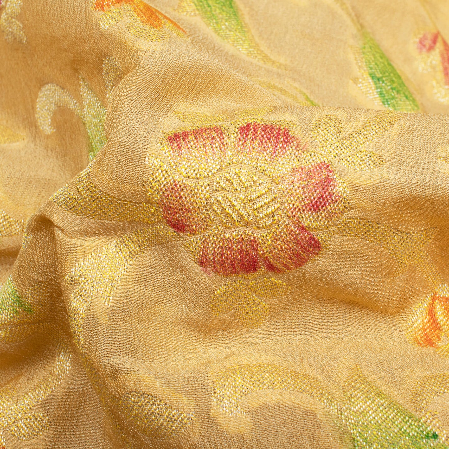 Wheat Beige And Red Floral Pattern Zari Jacquard Banarasi Chiffon Satin Fabric - Fabcurate