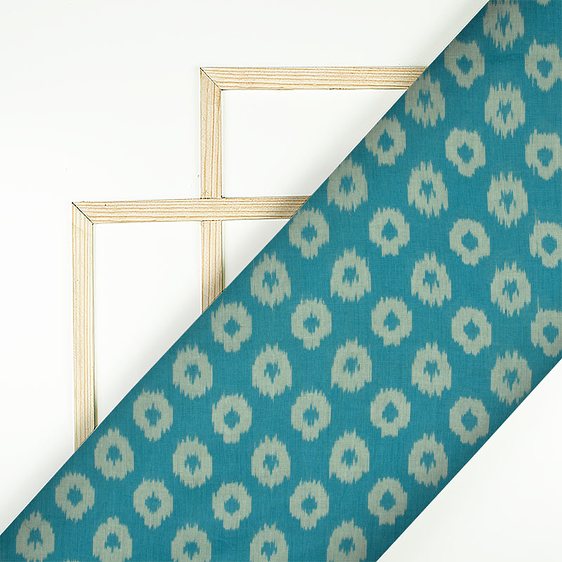 Teal Blue And Snow White Geometric Pattern Pre-Washed Mercerised Ikat Cotton Fabric - Fabcurate