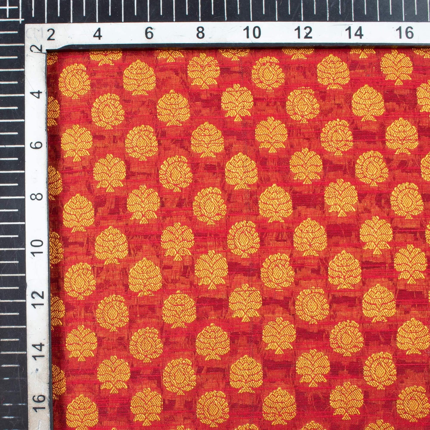 Maroon And Dijjon Yellow Booti Pattern Dual Tone Jacquard Chanderi Slub Fabric - Fabcurate