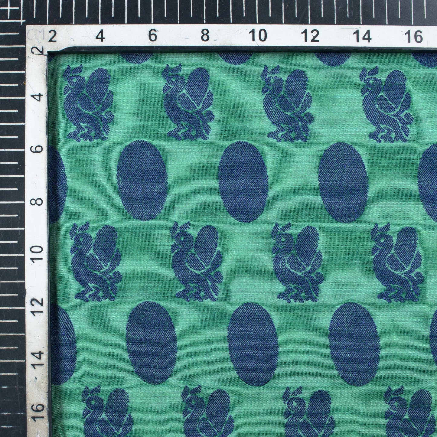 Teal Green And Blue Geometric Pattern Dual Tone Jacquard Chanderi Fabric - Fabcurate