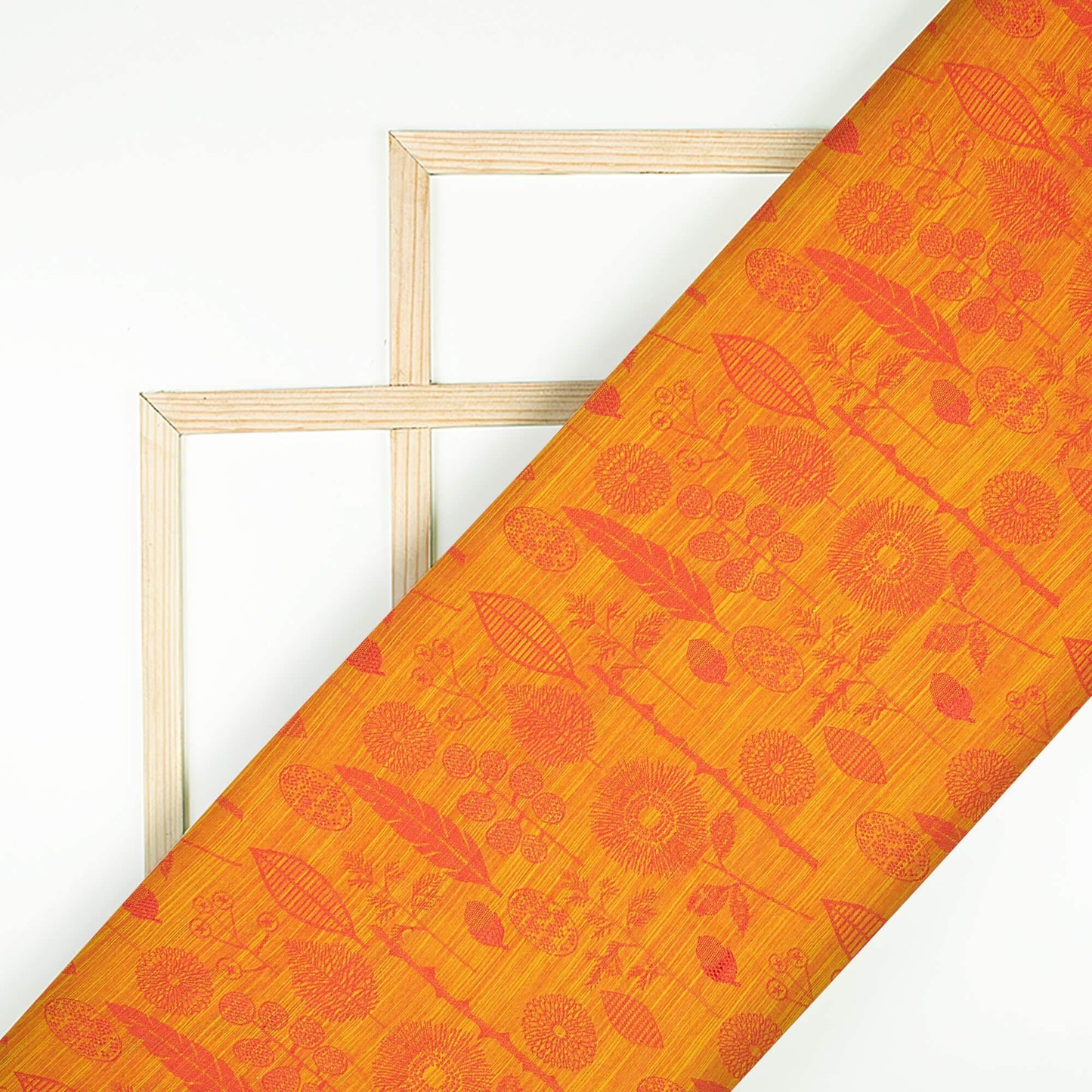 Burnt Orange Floral Pattern Dual Tone Jacquard Chanderi slub Fabric - Fabcurate
