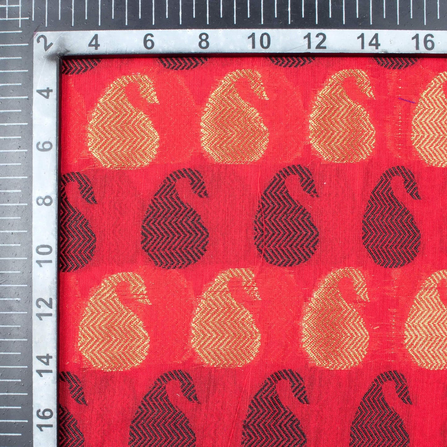 Vermilion Red And Black Paisely Pattern Zari Jacquard Chanderi Fabric - Fabcurate