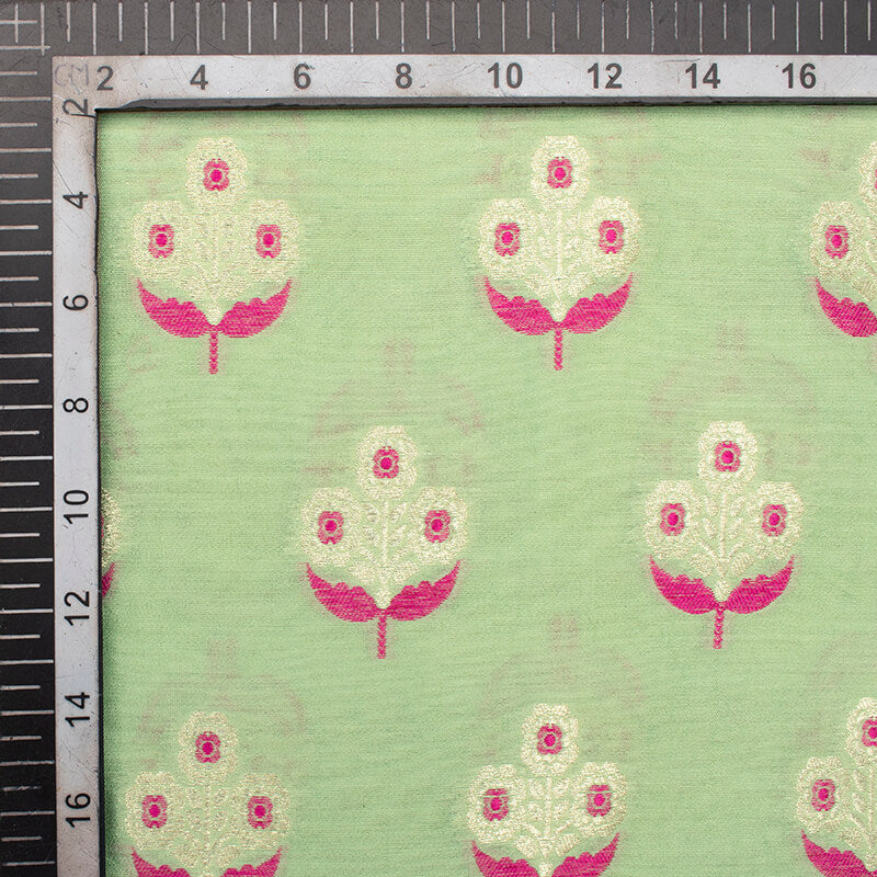 Pastel Green And Punch Pink Floral Pattern Zari Jacquard Banarasi Muga Silk Fabric - Fabcurate