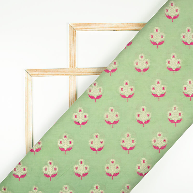 Pastel Green And Punch Pink Floral Pattern Zari Jacquard Banarasi Muga Silk Fabric - Fabcurate