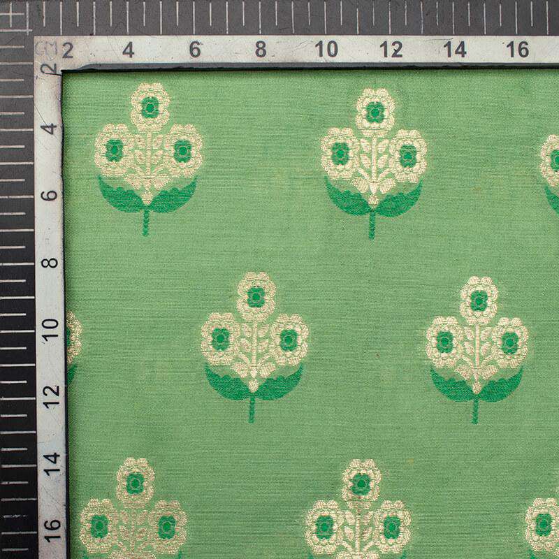 Pistachio Green Floral Pattern Zari Jacquard Banarasi Muga Silk Fabric - Fabcurate