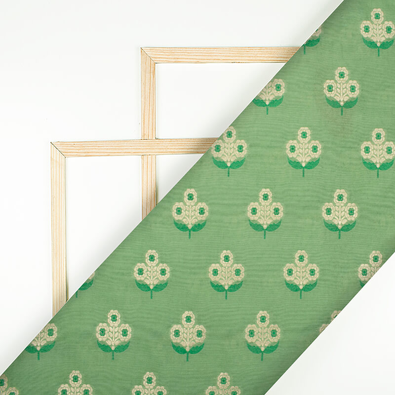 Pistachio Green Floral Pattern Zari Jacquard Banarasi Muga Silk Fabric - Fabcurate