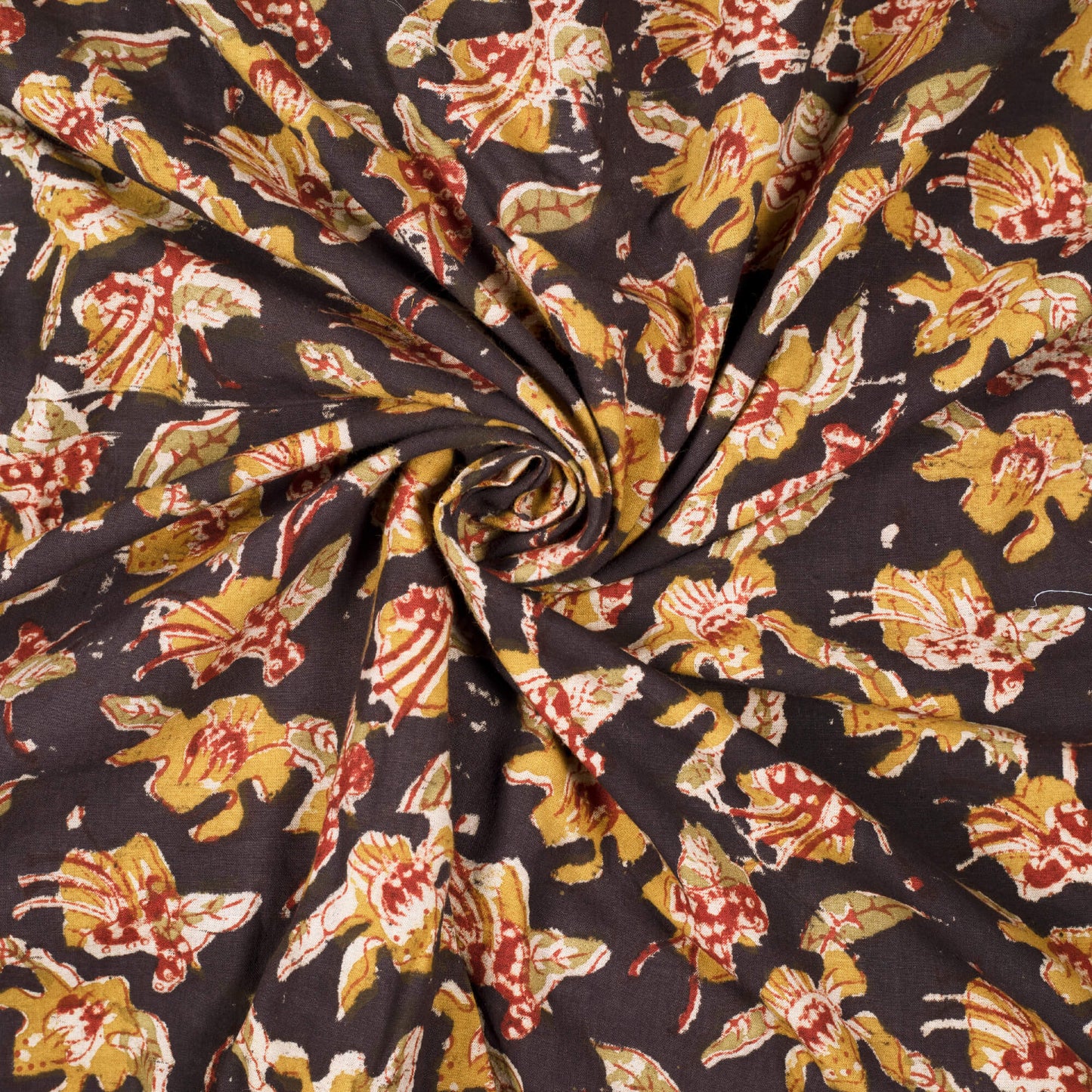 Jade Black And Mustard Yellow Floral Pattern Handblock Kalamkari Cotton Fabric - Fabcurate