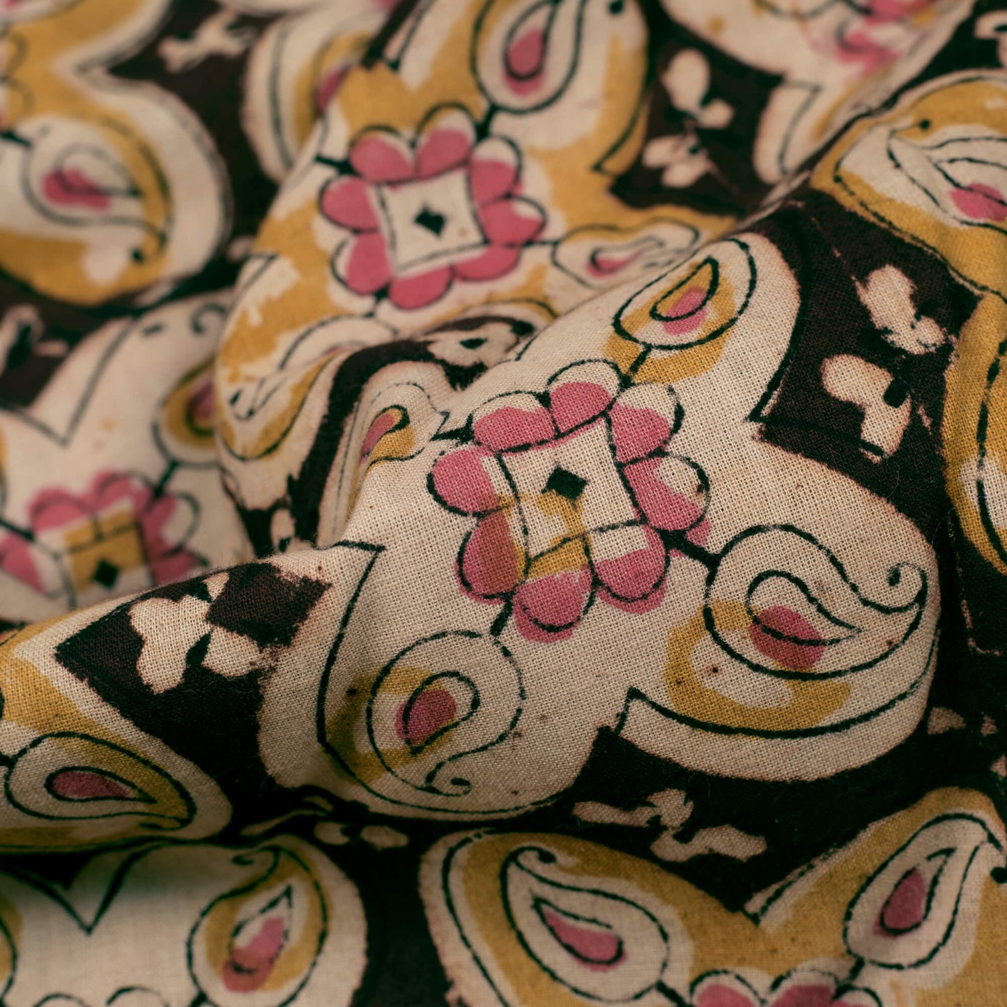 Black And Mustard Yellow Paisley Pattern Handblock Kalamkari Cotton Fabric - Fabcurate