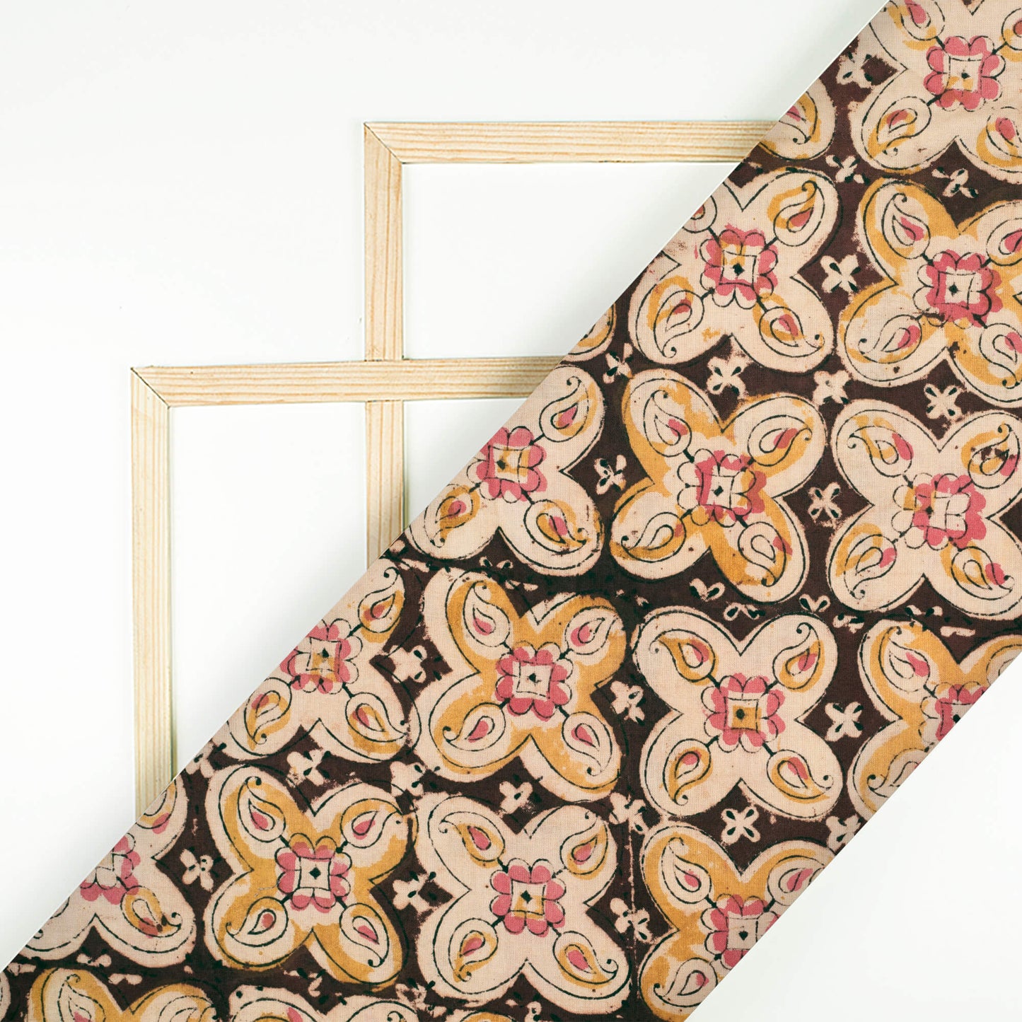 Black And Mustard Yellow Paisley Pattern Handblock Kalamkari Cotton Fabric - Fabcurate