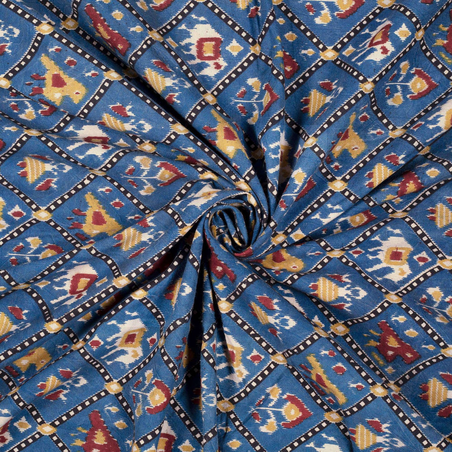 Yale Blue And Mustard Yellow Patola Pattern Screen Print Kalamkari Cotton Fabric - Fabcurate