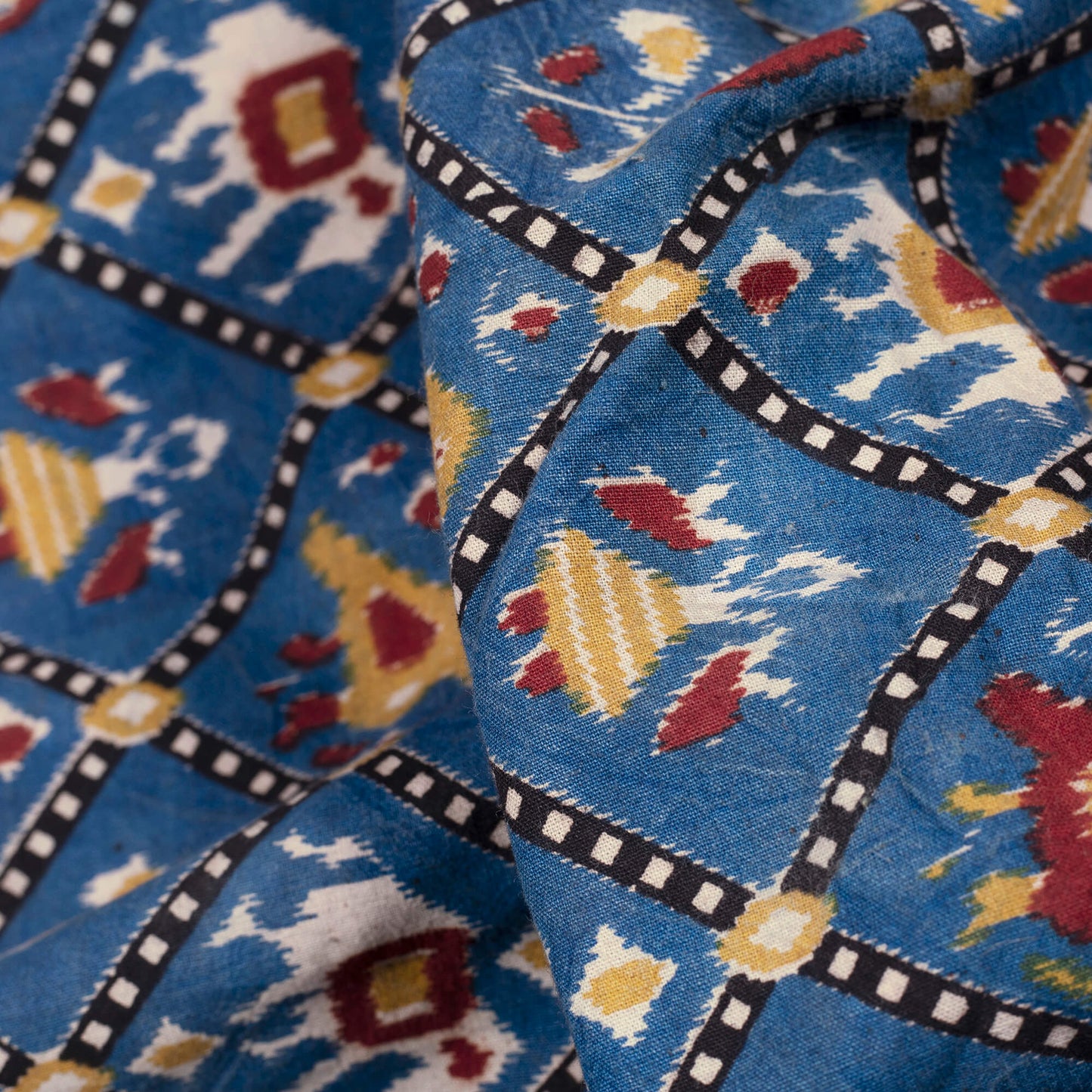 Yale Blue And Mustard Yellow Patola Pattern Screen Print Kalamkari Cotton Fabric - Fabcurate