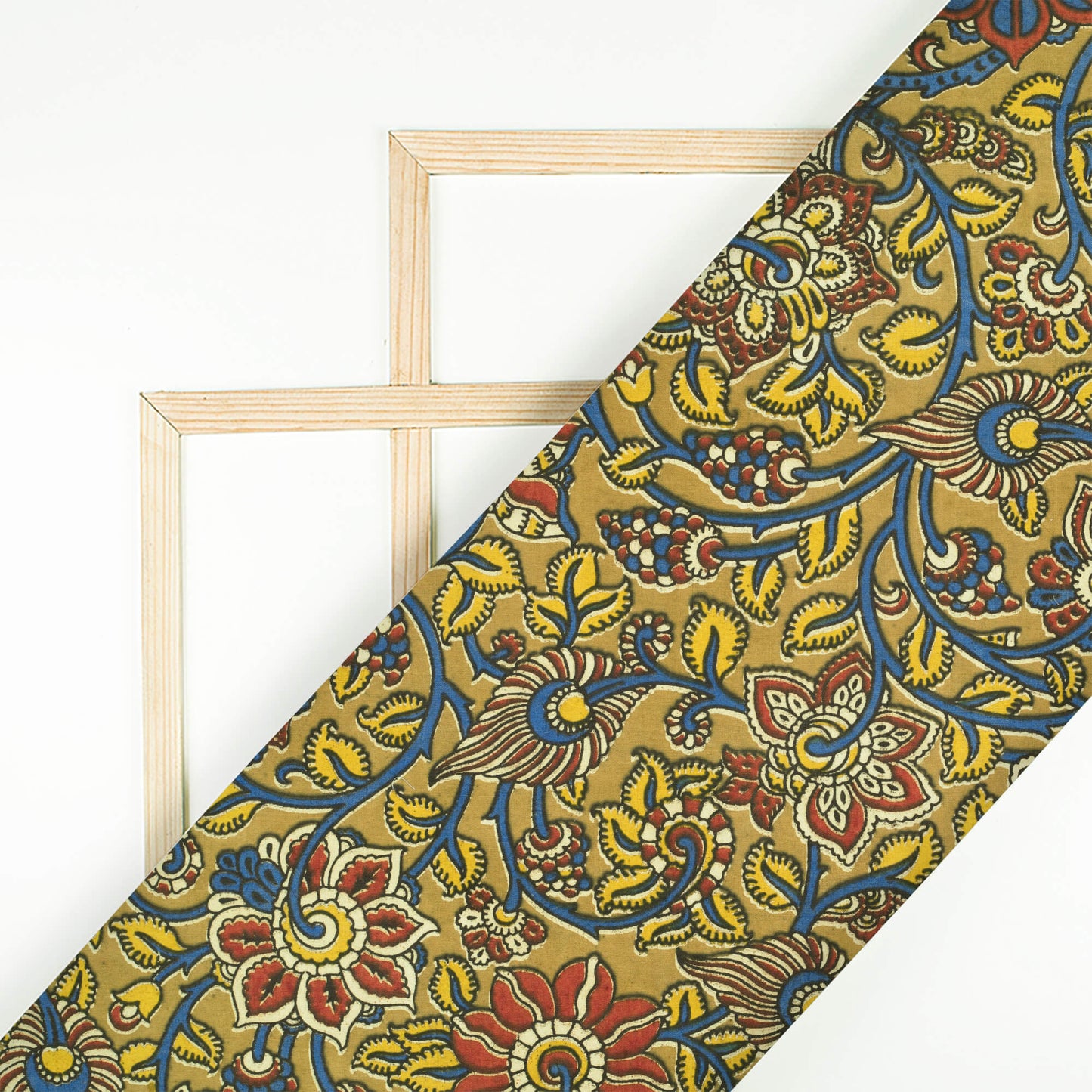 Tortilla Brown And Yale Blue Floral Pattern Screen Print Kalamkari Cotton Fabric - Fabcurate