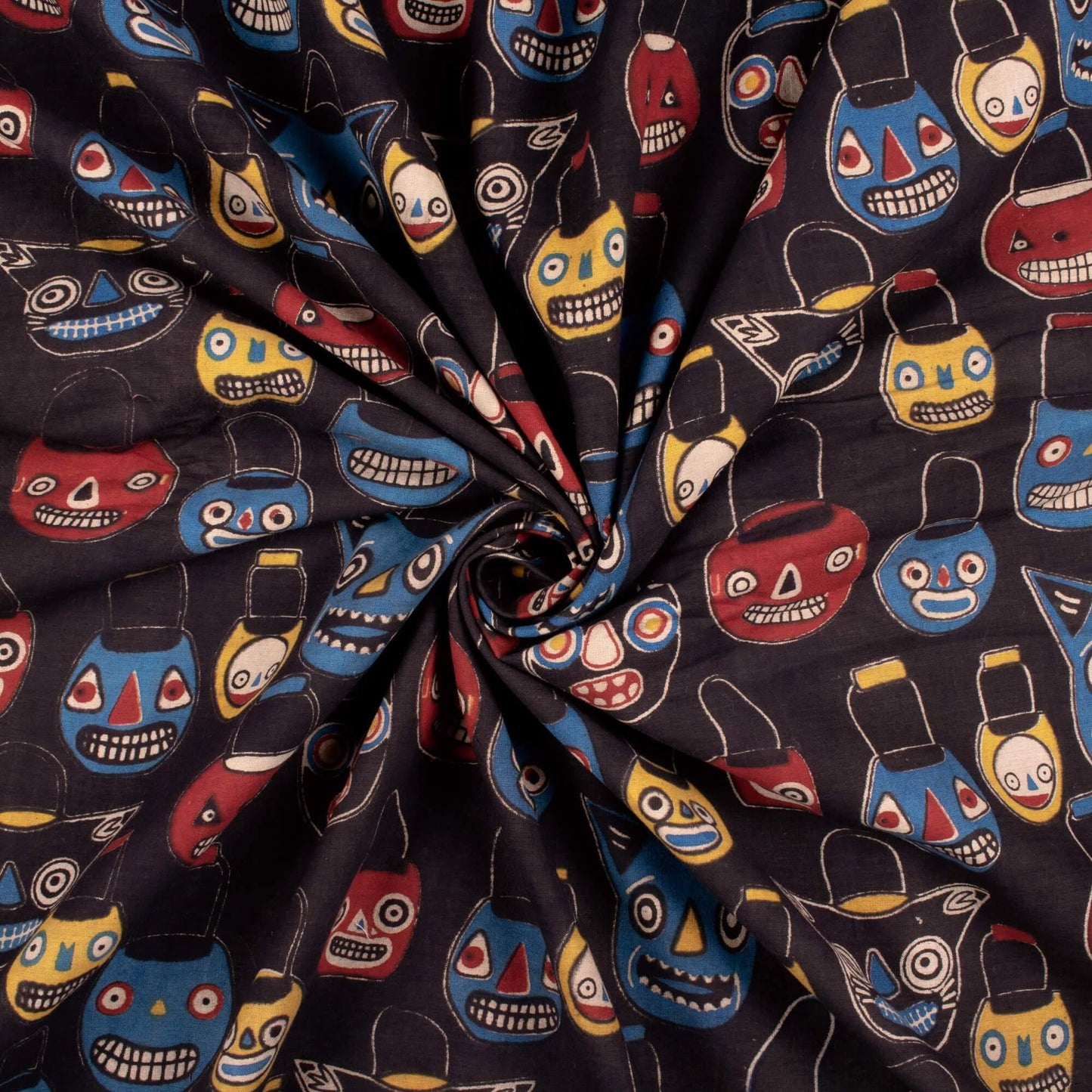 Black And Sangria Red Quirky Pattern Printed Kalamkari Cotton Fabric - Fabcurate