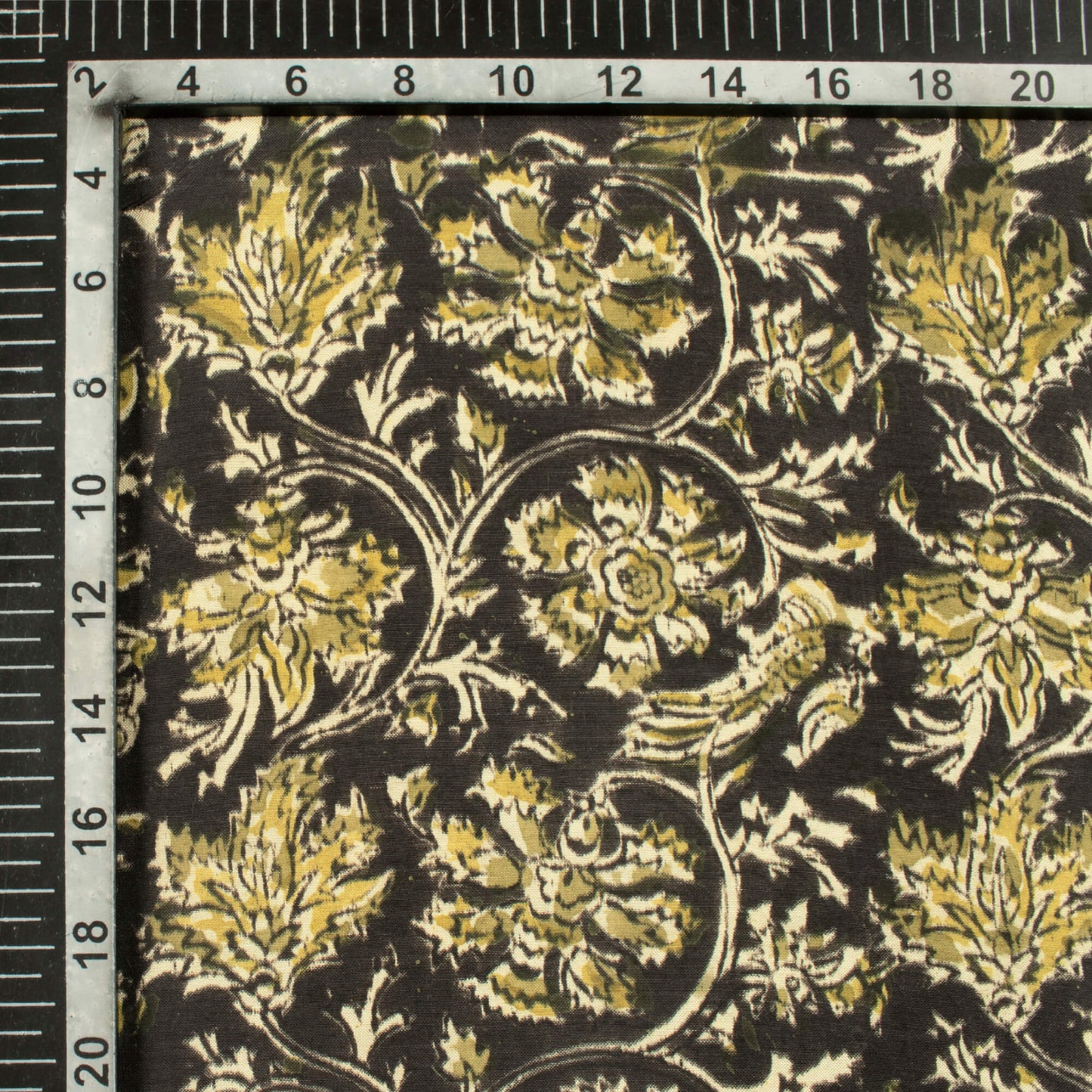 Black And Moss Green Floral Pattern Handblock Kalamkari Cotton Silk Fabric