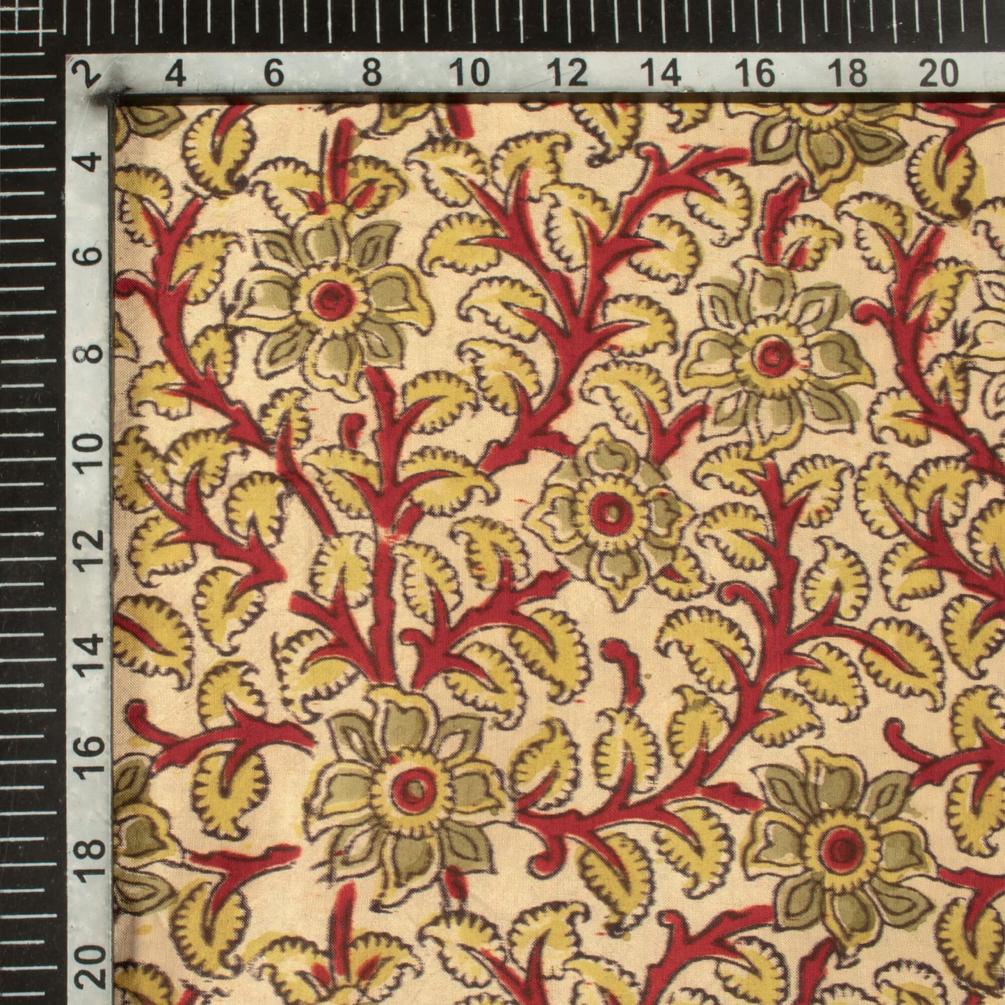 Cream And Blood Red Floral Pattern Handblock Kalamkari Cotton Silk Fabric