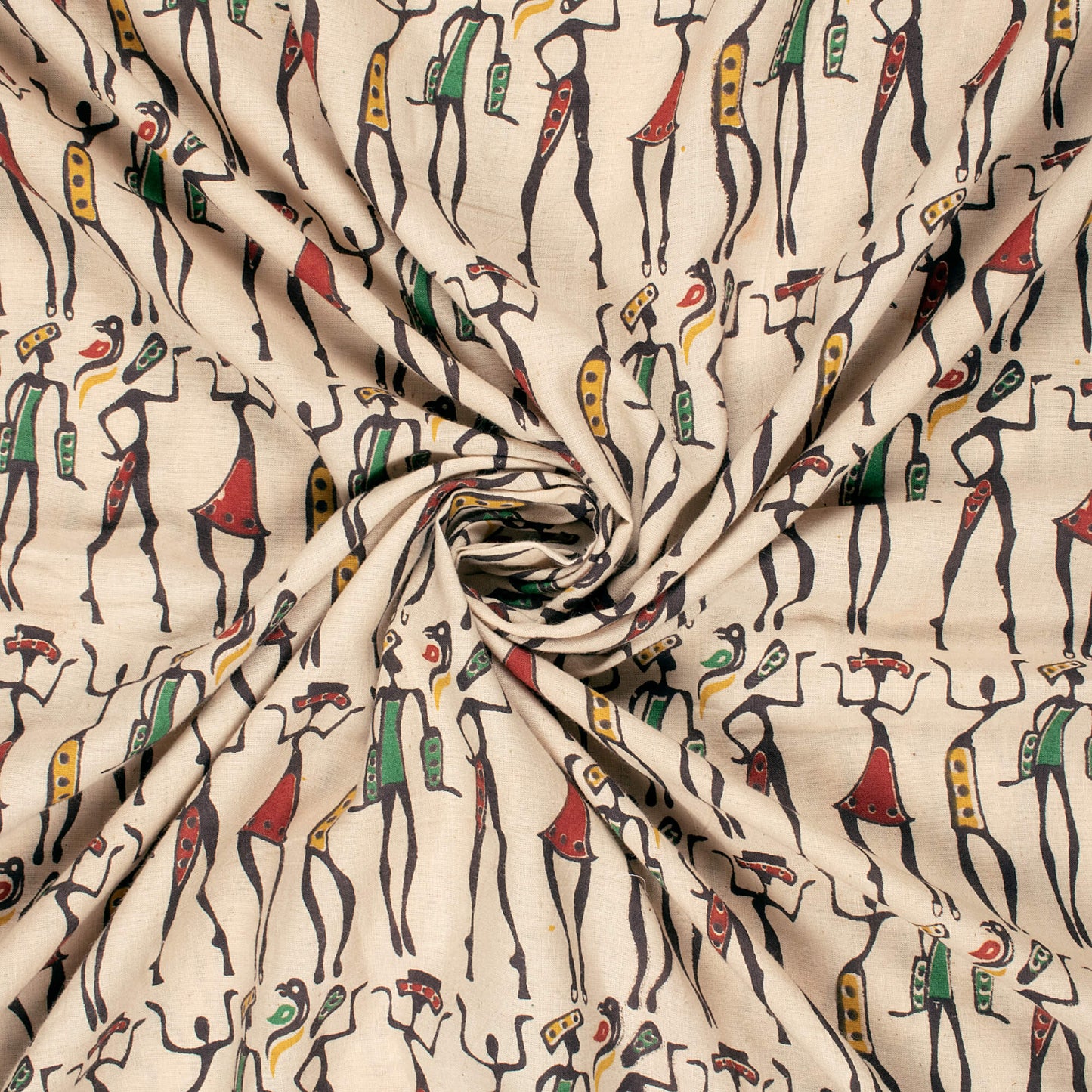 Oat Beige And Red Egyptian Pattern Printed Kalamkari Cotton Fabric
