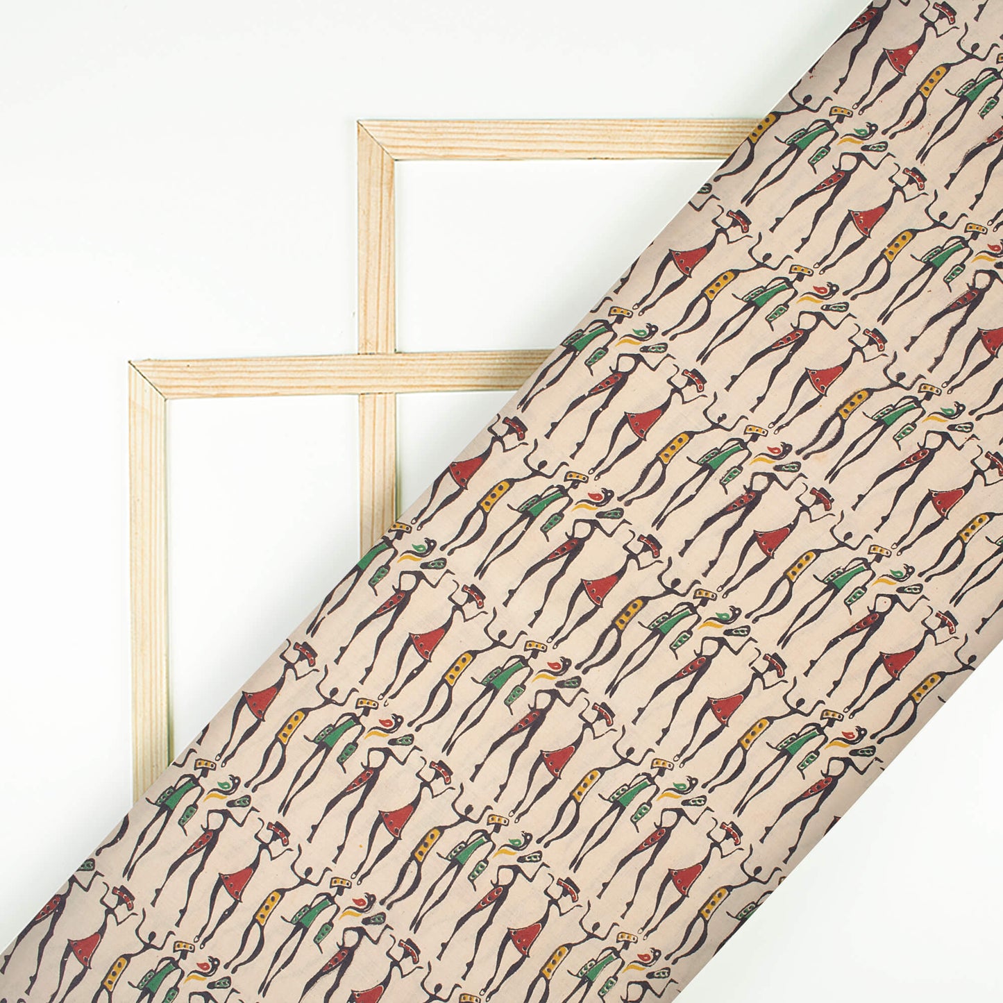 Oat Beige And Red Egyptian Pattern Printed Kalamkari Cotton Fabric