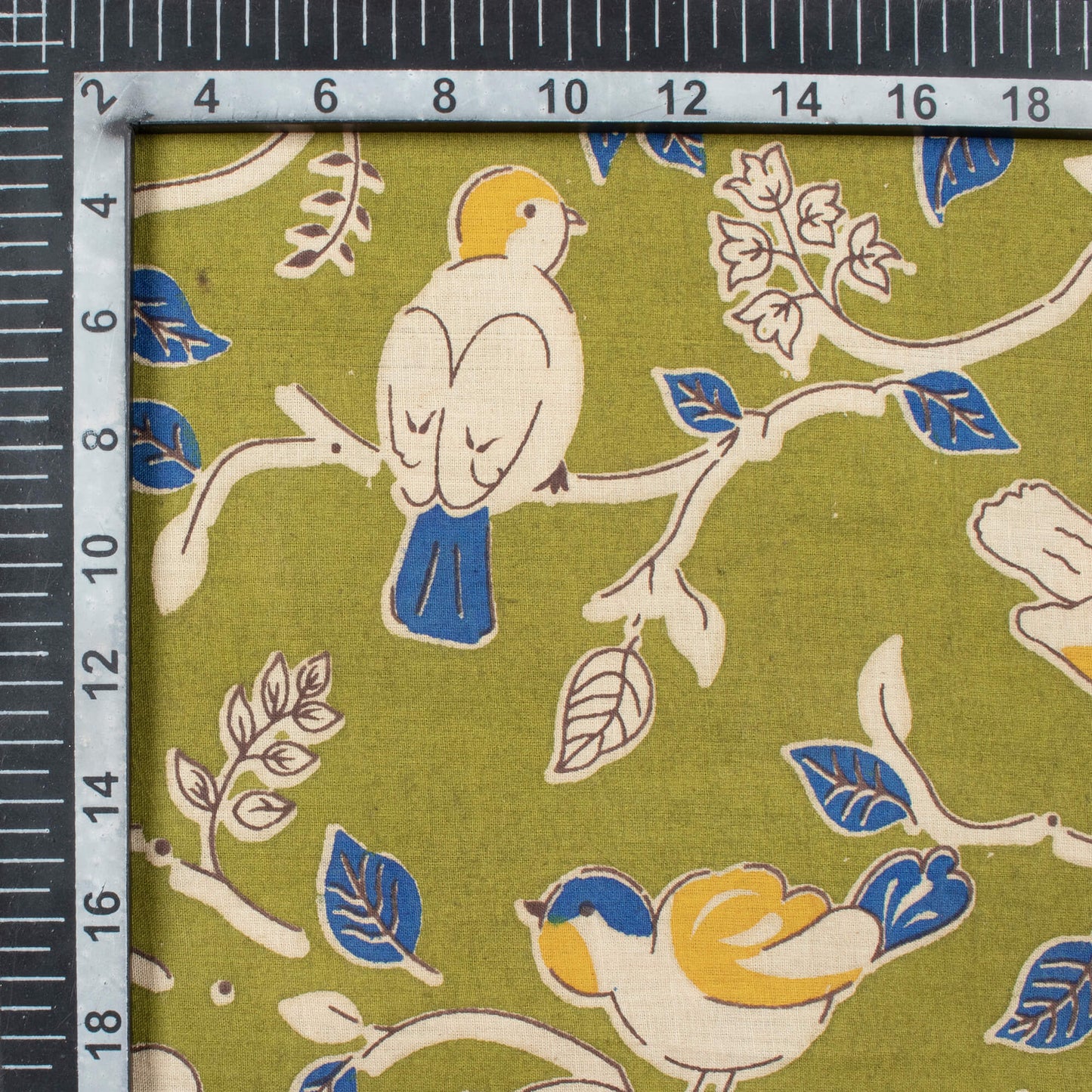Venom Green And Cobalt Blue Bird Pattern Printed Kalamkari Cotton Fabric