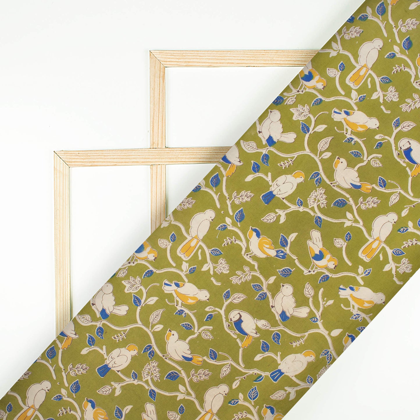Venom Green And Cobalt Blue Bird Pattern Printed Kalamkari Cotton Fabric