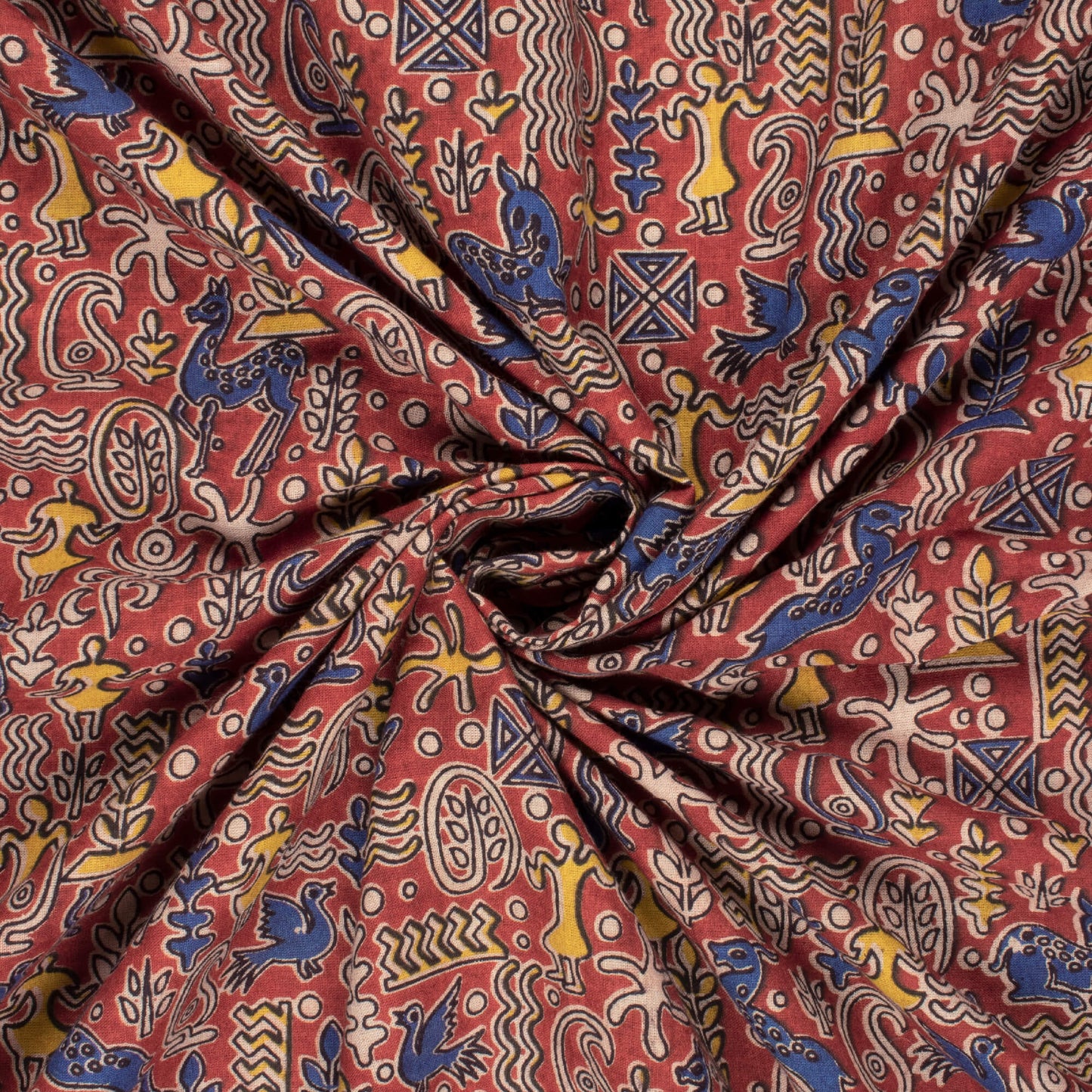 Persian Red And Oxford Blue Egyptian Pattern Printed Kalamkari Cotton Fabric