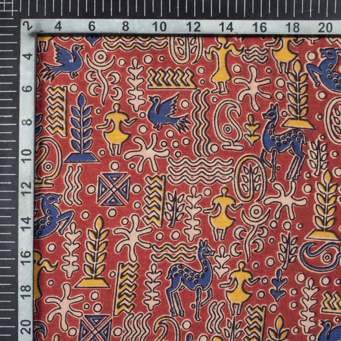 Persian Red And Oxford Blue Egyptian Pattern Printed Kalamkari Cotton Fabric