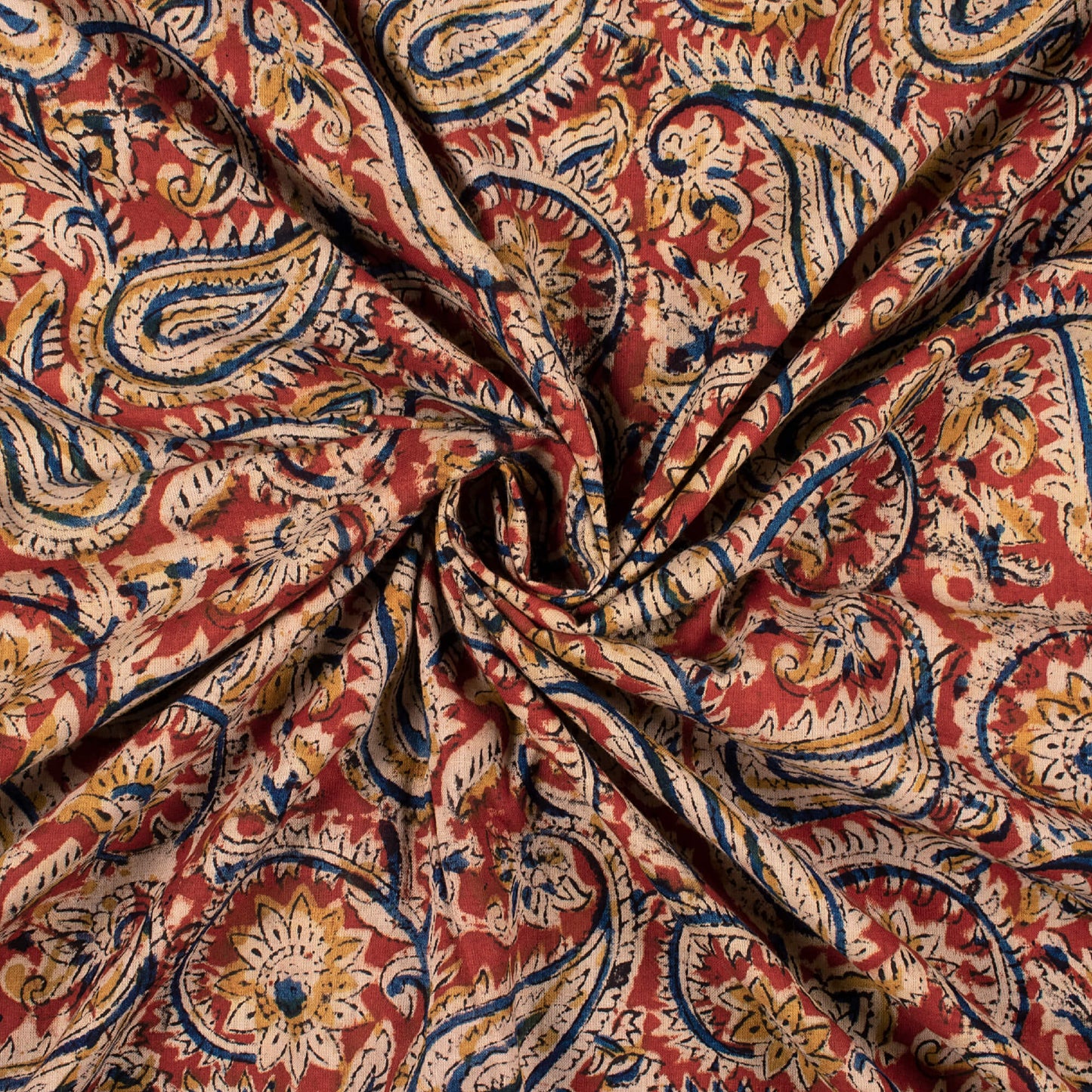 Crimson Red And Navy Blue Paisley Pattern Handblock Kalamkari Cotton Fabric