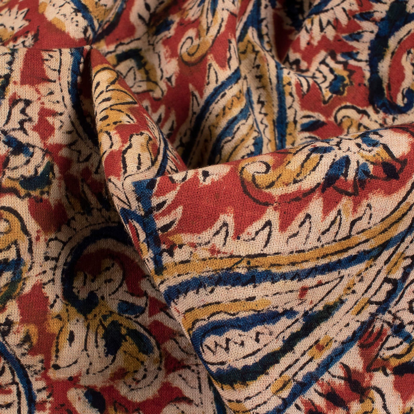 Crimson Red And Navy Blue Paisley Pattern Handblock Kalamkari Cotton Fabric