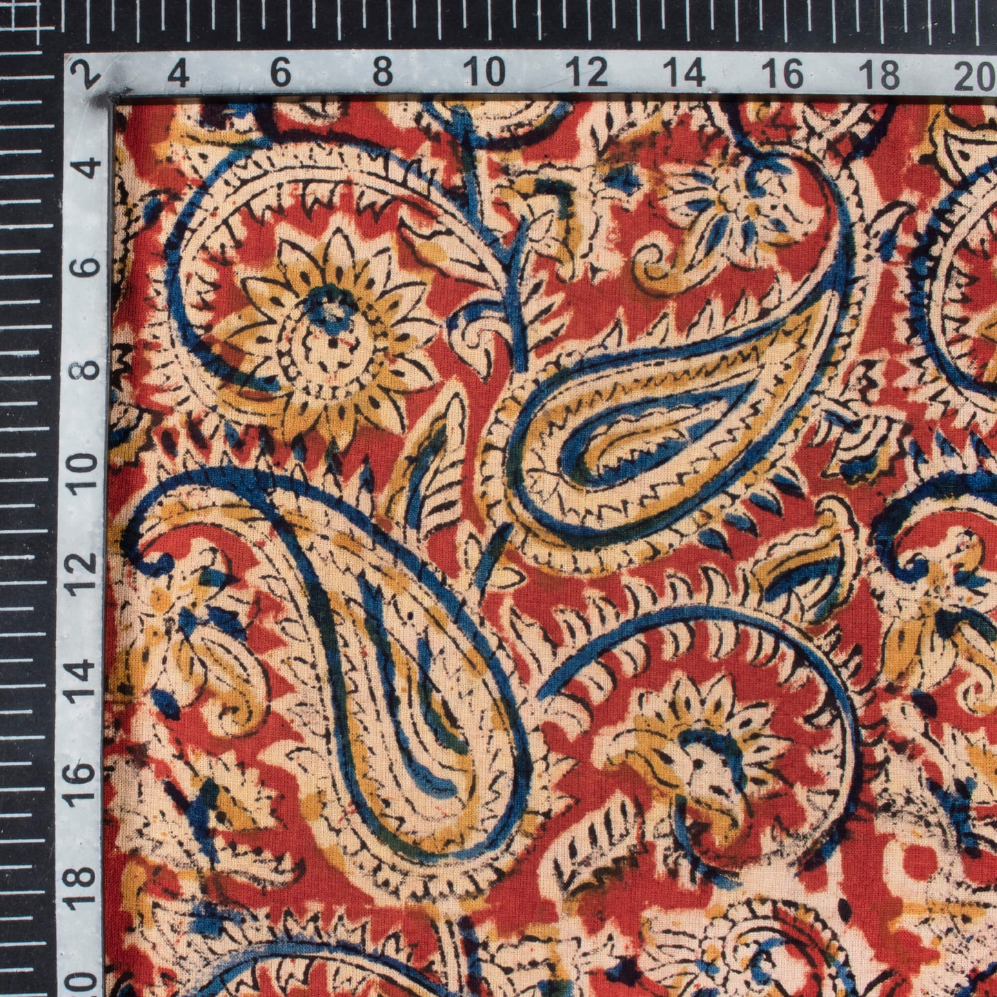 Crimson Red And Navy Blue Paisley Pattern Handblock Kalamkari Cotton Fabric