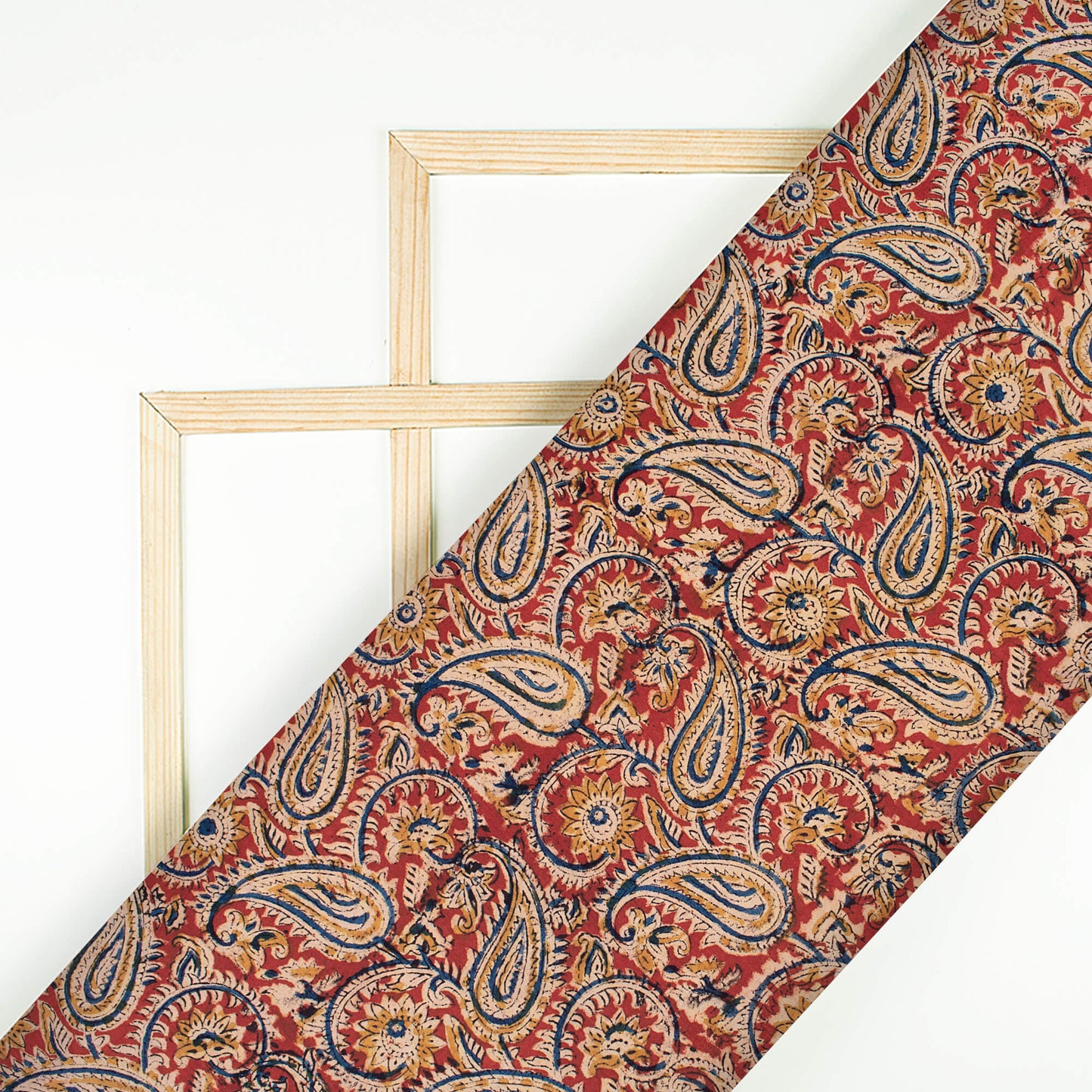 Crimson Red And Navy Blue Paisley Pattern Handblock Kalamkari Cotton Fabric