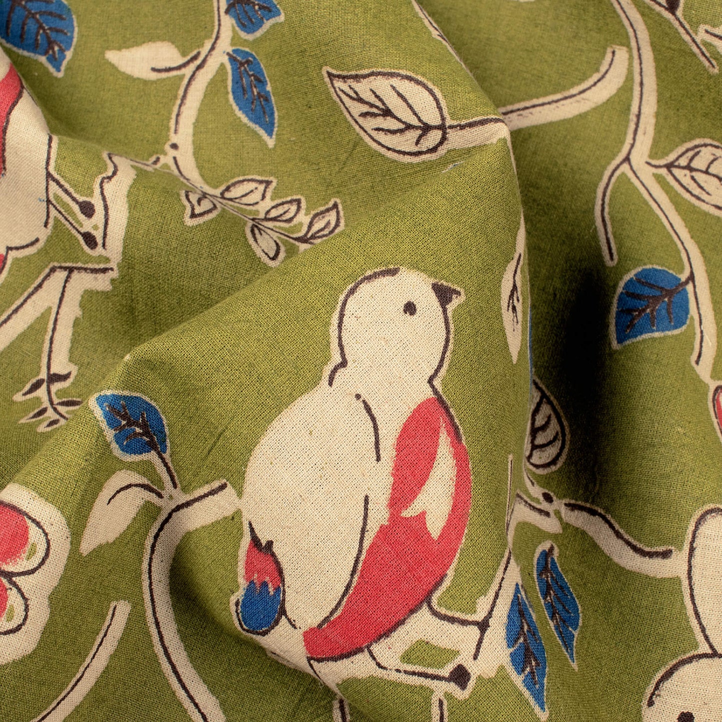 Venom Green And Punch Pink Bird Pattern Printed Kalamkari Cotton Fabric