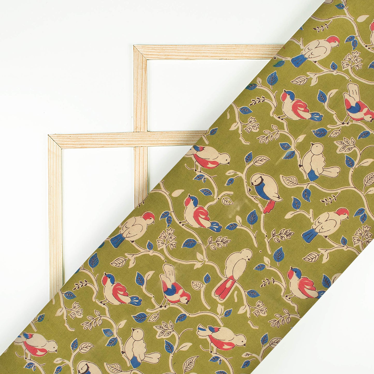 Venom Green And Punch Pink Bird Pattern Printed Kalamkari Cotton Fabric