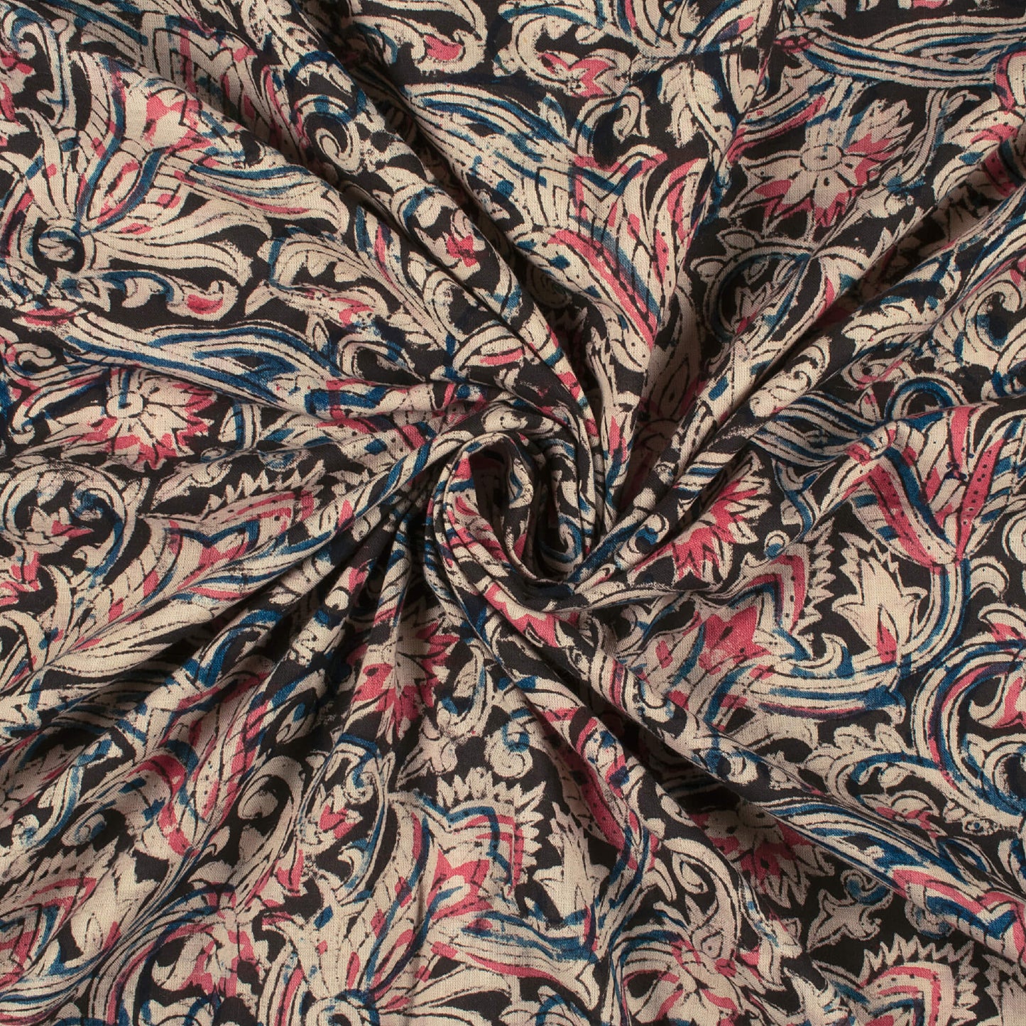 Black And Creamy Pink Floral Pattern Handblock Kalamkari Cotton Fabric