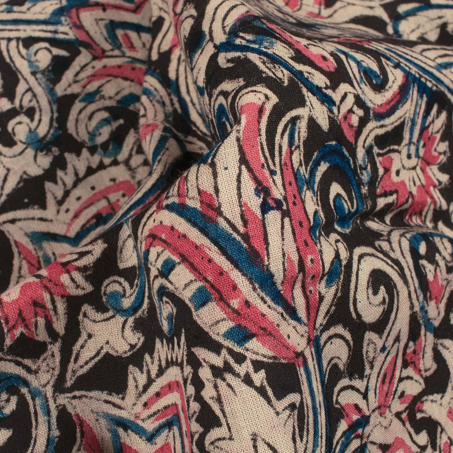 Black And Creamy Pink Floral Pattern Handblock Kalamkari Cotton Fabric