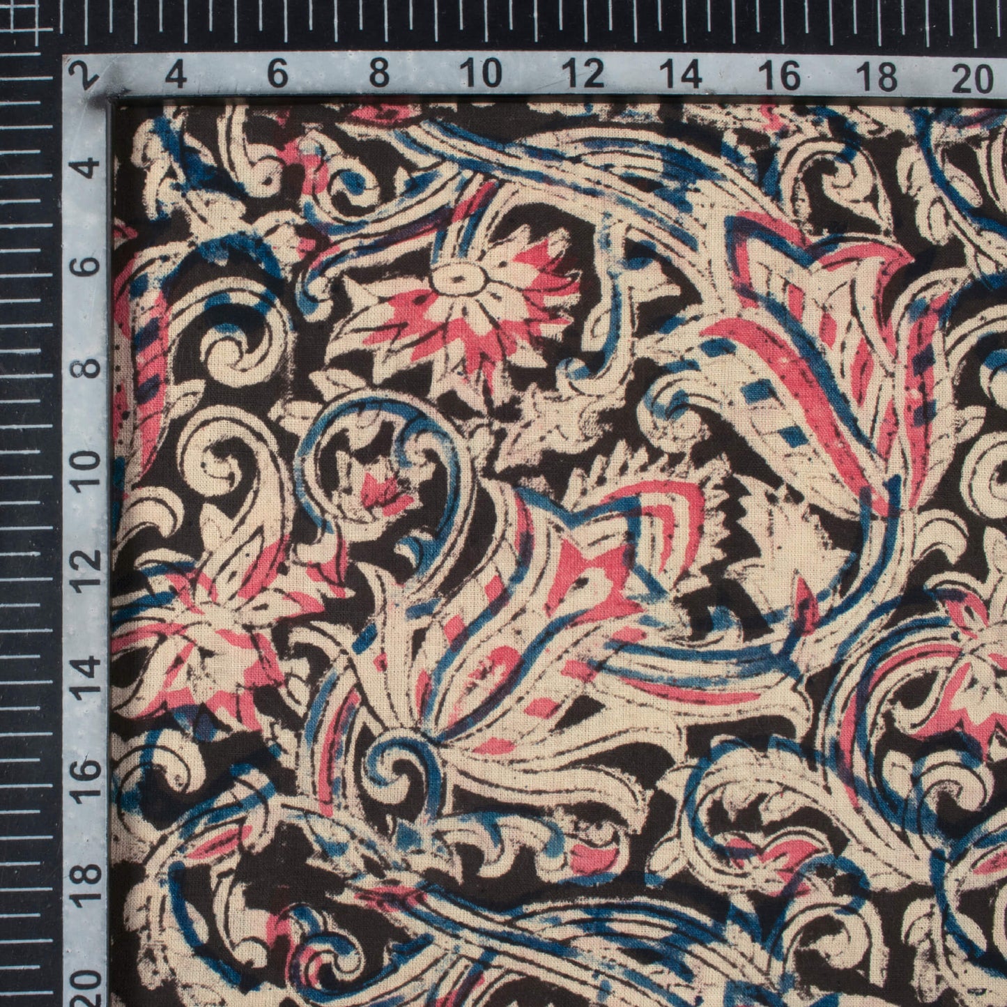 Black And Creamy Pink Floral Pattern Handblock Kalamkari Cotton Fabric
