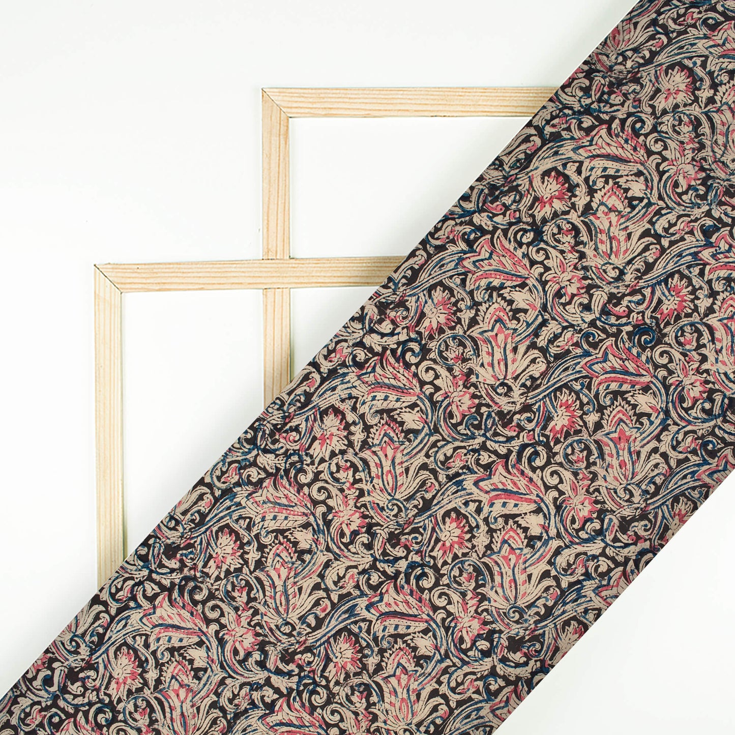 Black And Creamy Pink Floral Pattern Handblock Kalamkari Cotton Fabric