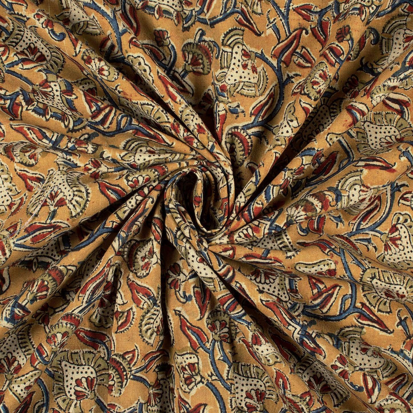Mustard Yellow And Azure Blue Floral Pattern Handblock Kalamkari Cotton Fabric