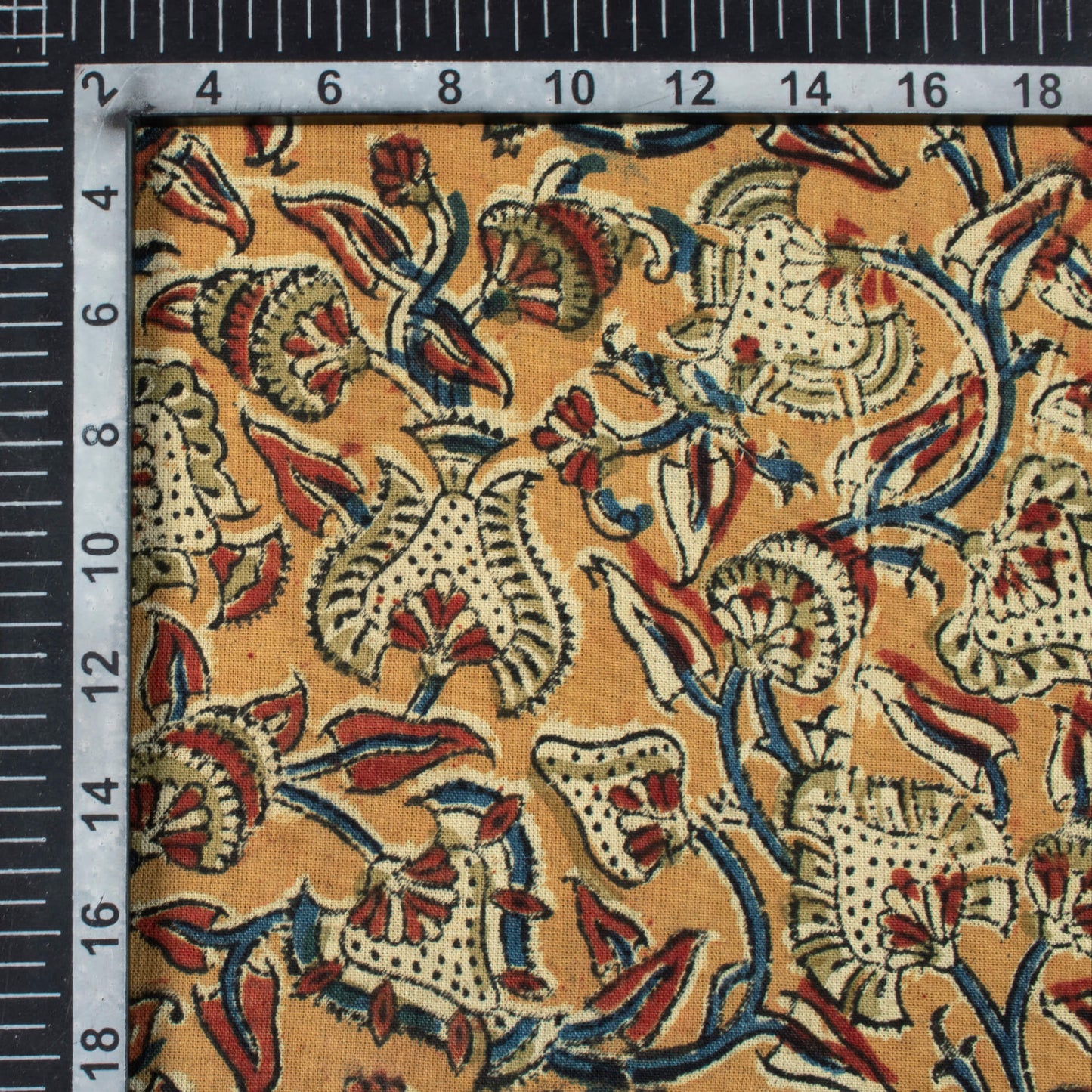 Mustard Yellow And Azure Blue Floral Pattern Handblock Kalamkari Cotton Fabric