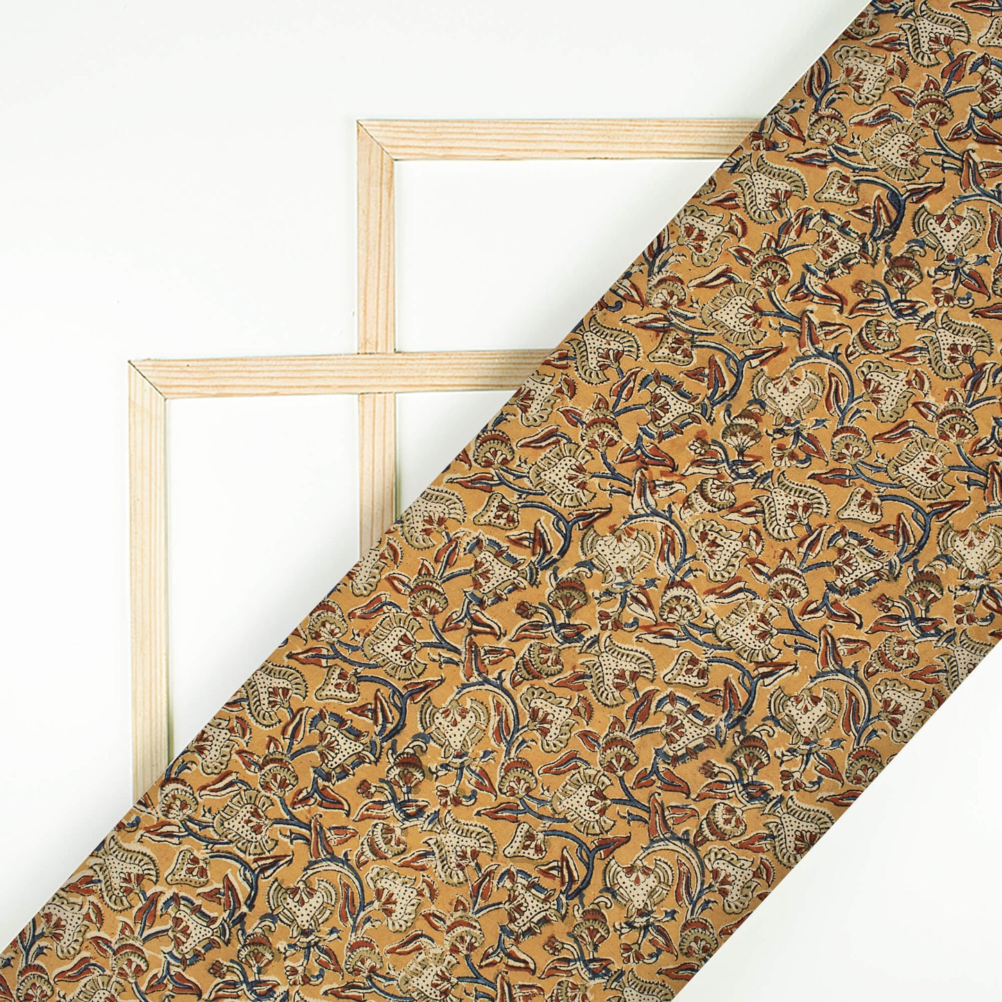 Mustard Yellow And Azure Blue Floral Pattern Handblock Kalamkari Cotton Fabric
