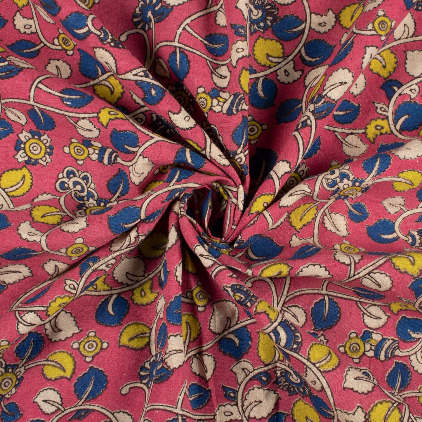 Punch Pink And Navy Blue Leaf Pattern Printed Kalamkari Cotton Fabric