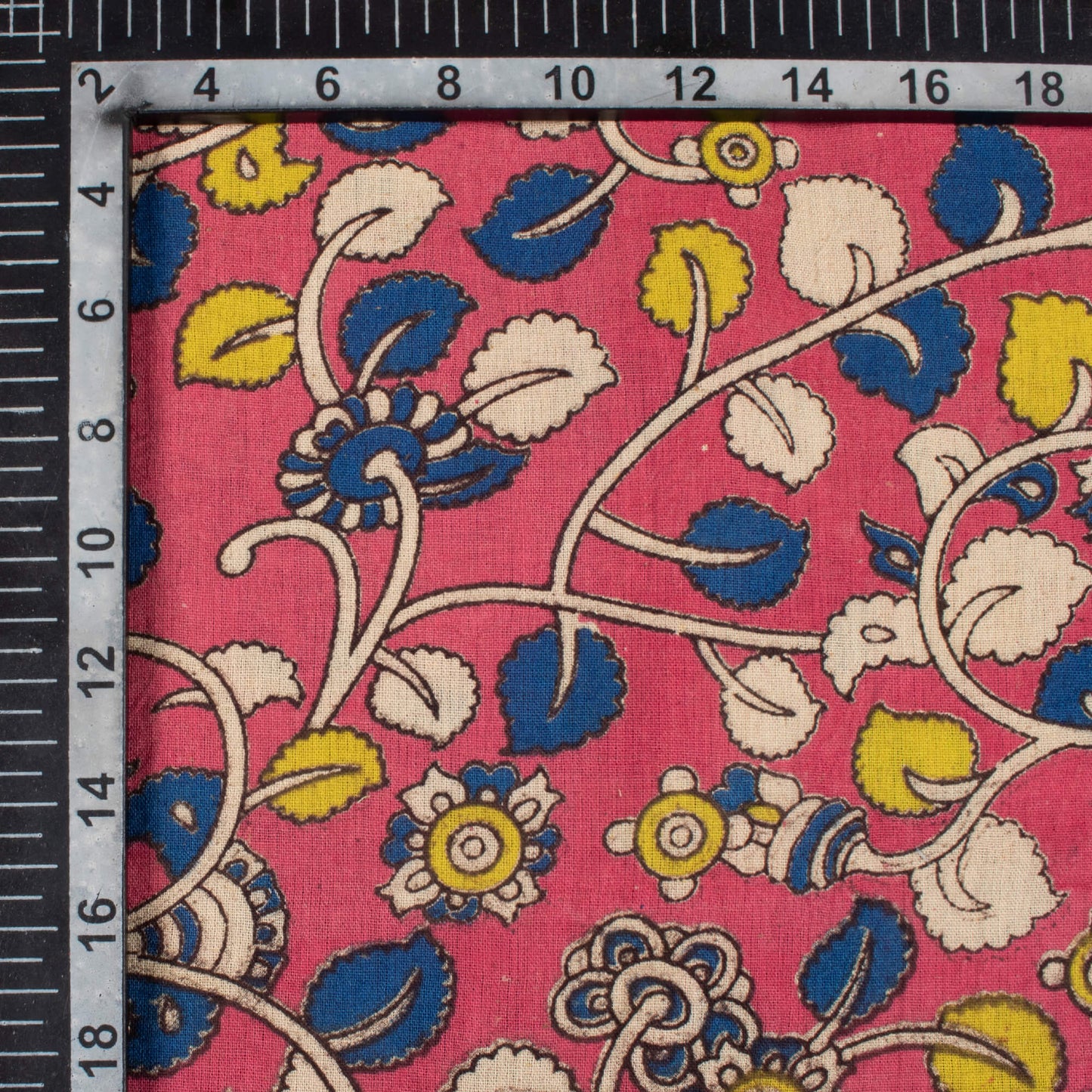 Punch Pink And Navy Blue Leaf Pattern Printed Kalamkari Cotton Fabric