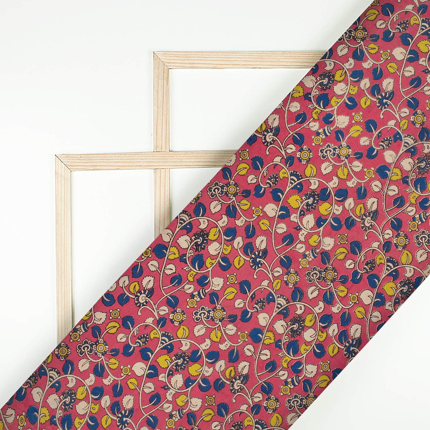 Punch Pink And Navy Blue Leaf Pattern Printed Kalamkari Cotton Fabric