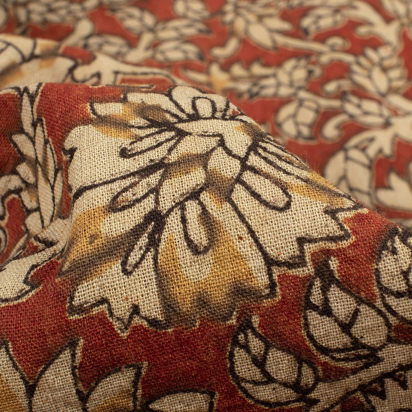 Brick Red And Beige Floral Pattern Printed Kalamkari Cotton Fabric