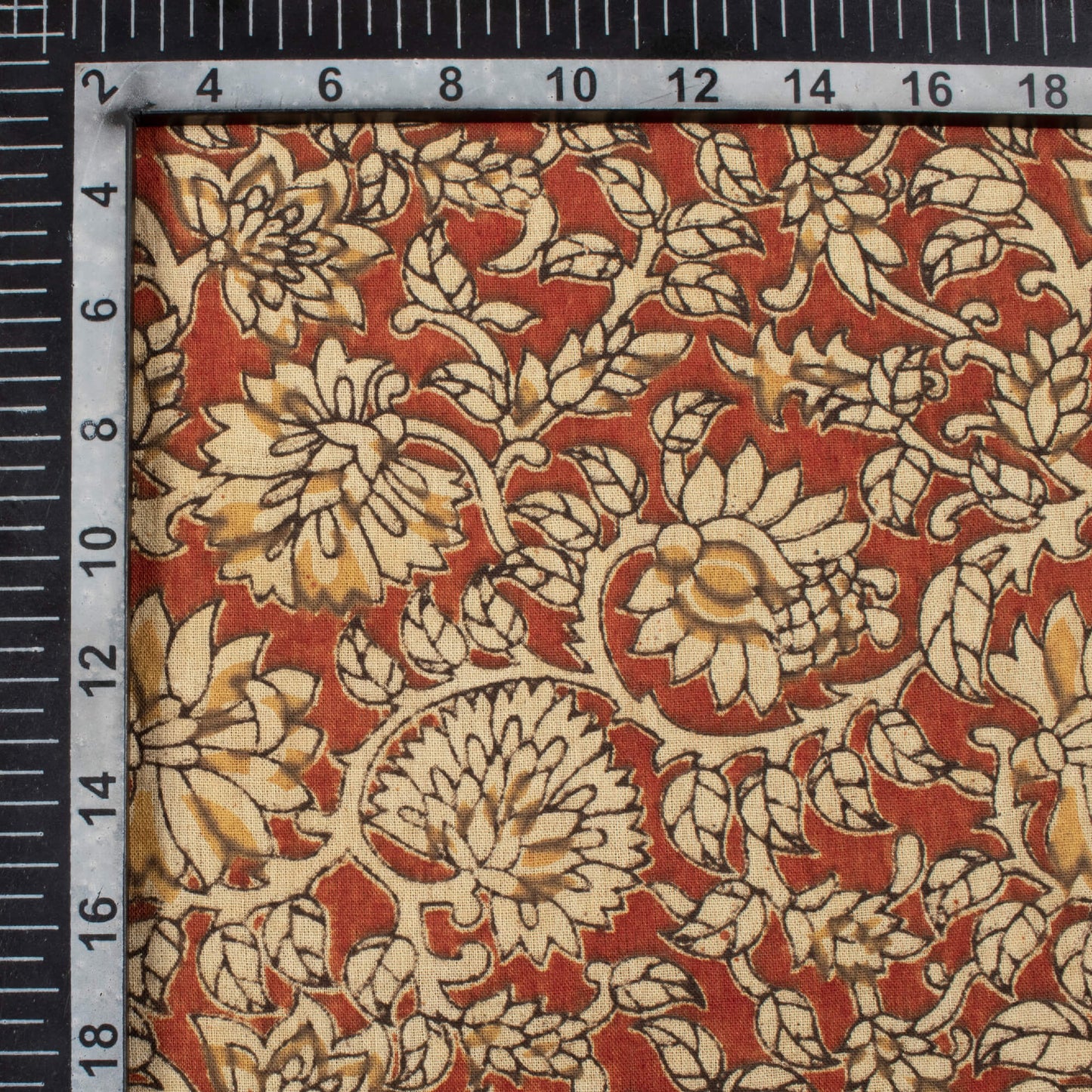 Brick Red And Beige Floral Pattern Printed Kalamkari Cotton Fabric